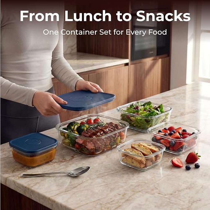SMIRLY Glass Food Storage Containers with Lids Set, Borosilicate Glass Meal Prep Containers with Airtight Lids & Organizer, Stackable Glass Containers for Healthy Cooking, 5-Pack, Blue