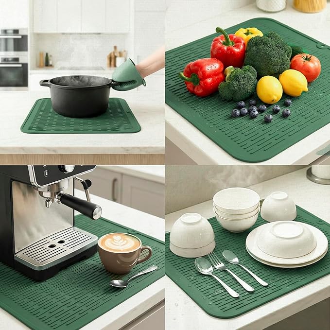 MicoYang Silicone Dish Drying Mat for Multiple Usage,Easy clean,Eco-friendly,Heat-resistant Silicone Mat for Kitchen Counter or Sink,Refrigerator or Drawer Liner Green XL 18 inches x 16 inches