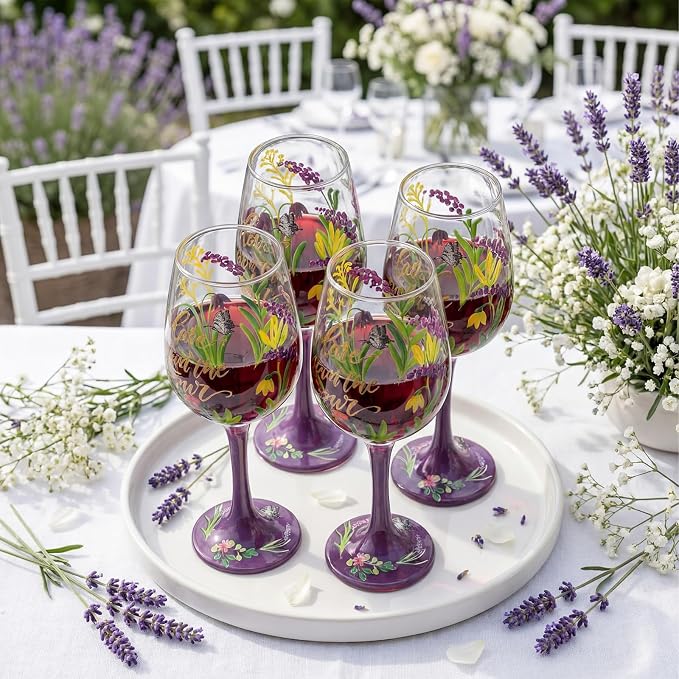 SiliFine 4 Pcs Lavender Party Stemmed Wine Glasses Hand Painted Purple Flower Butterfly Drinking Cup Wine Glasses Gifts for Women Mom Birthday Wedding Anniversary Holiday Party Supplies