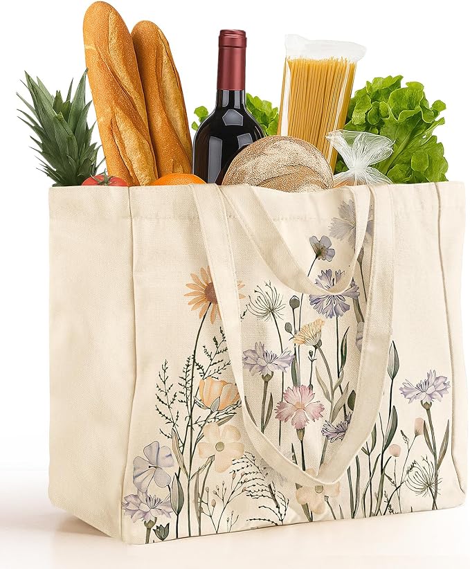 Miss Adola Large Canvas Grocery Tote Bag - Reusable Extra Large Shopping Shoulder Bags with 6 Inner Pockets & 2 Handle Strap