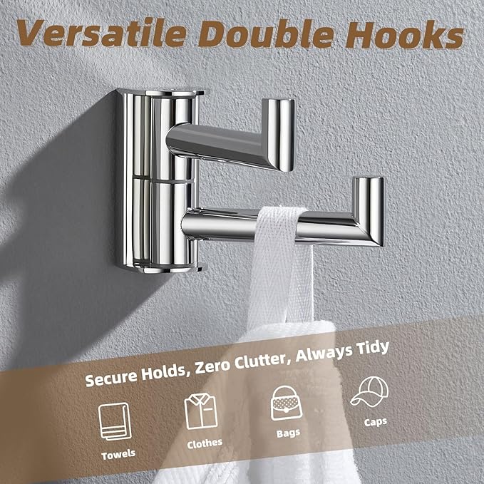 APLusee Double Swivel Towel Hook Wall Mounted, 304 Stainless Steel Folding Coat Hook with 2 Rotating Arms, Polished Chrome