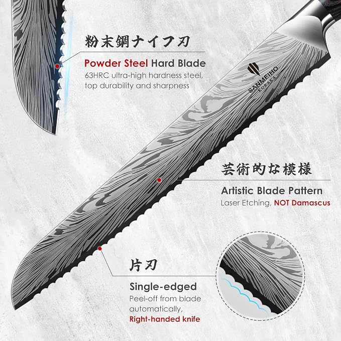 10 inch Bread Knife in Powder Steel, Serrated Bread Knife for Homemade Bread Sourdough Ultra Sharp Bread Slicer Knives with Ergonomic Pakkawood Handle for Sourdough, Turkey and Fruit