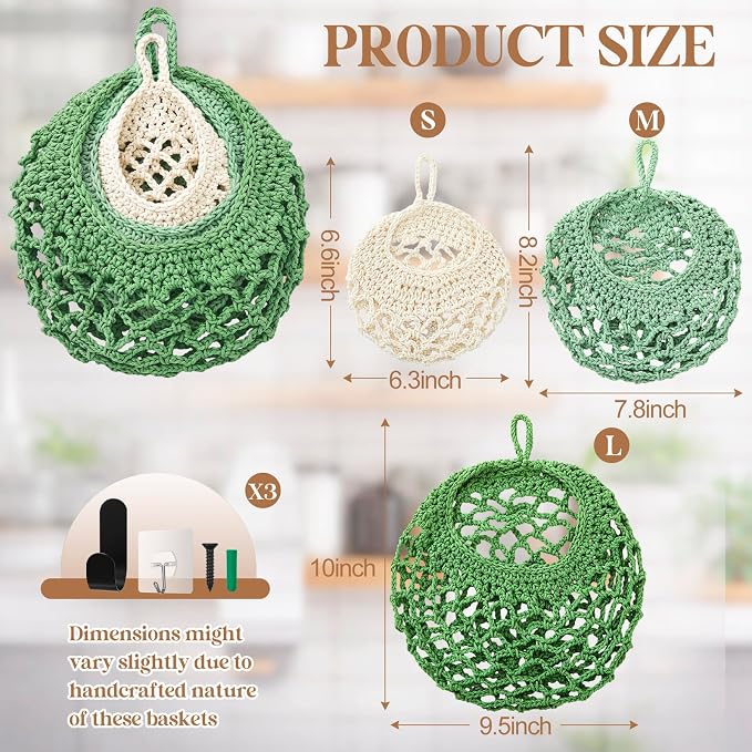 Honeydak Boho Decor Hanging Wall Baskets for Kitchen 3 Pack Teardrop Baskets with Hooks Storage Fruit Onion Vegetable Potato for Home 3 Sizes(Spring Color,Crochet,Cotton Rope)