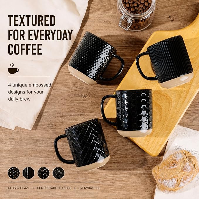 GBhome Large Coffee Mugs Set of 6, 16oz Handmade Stoneware Coffee Mugs Set with Large Handle for Cappuccino/Latte/Tea/Hot Cocoa, Dishwasher & Microwave Safe, Black