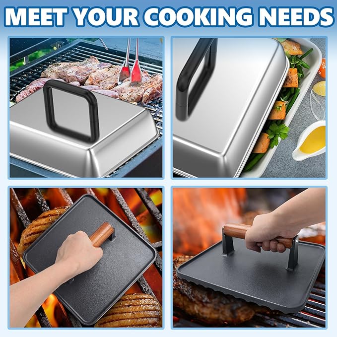 SafBbcue 14" Stainless Steel Rectangle Cheese Melting Domer Basting Cover & Cast Iron Rectangle Griddle Smash Burger Grill Weight Press for Blackstone, Pitboss, Camp Chef Flat Top Grills Accessories