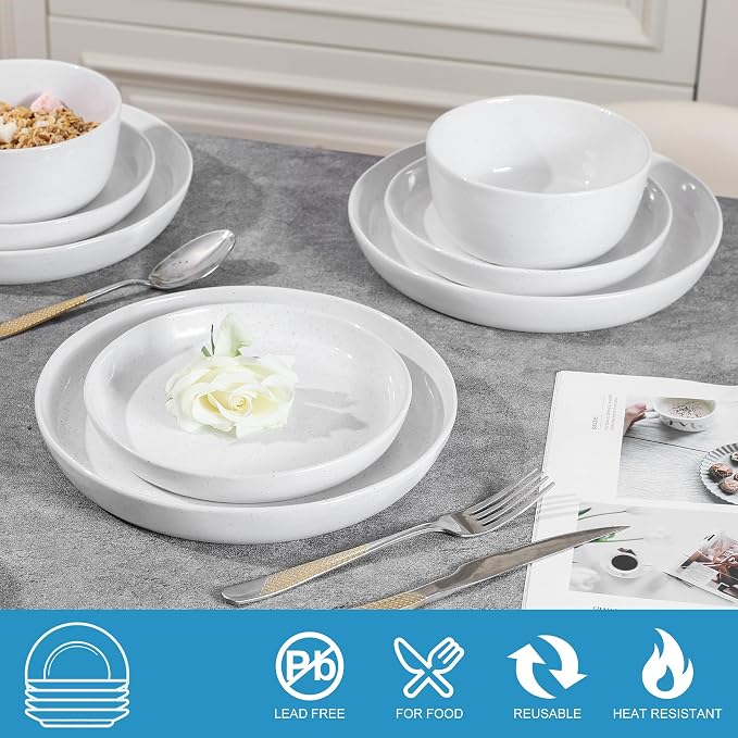 12pcs Ceramic Plate and Bowl Sets,Stoneware Dinnerware Sets,Service for 4,Ceramic Kitchen Dinner Set,Porcelain Dishes Set,Microwave&Dishwasher Safe,White