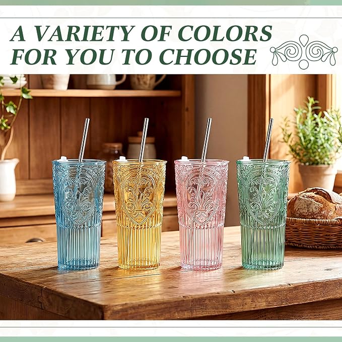 4 Set 20oz Vintage Plastic Tumbler with Lids and Straws Ribbed Floral Drinking Glasses Reusable Iced Coffee Cups for Water Juice Smoothie Cocktail Travel Party Events Gift (Mixed Color)