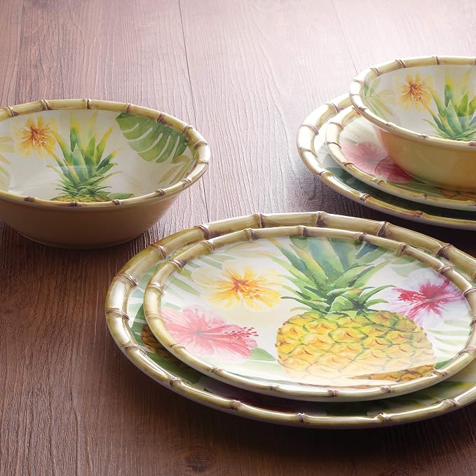 UPware 12 Piece Pineapple Melamine Dinnerware Sets, Outdoor Dishes Set, Plates and Bowls Sets, Service for 4, Multicolor