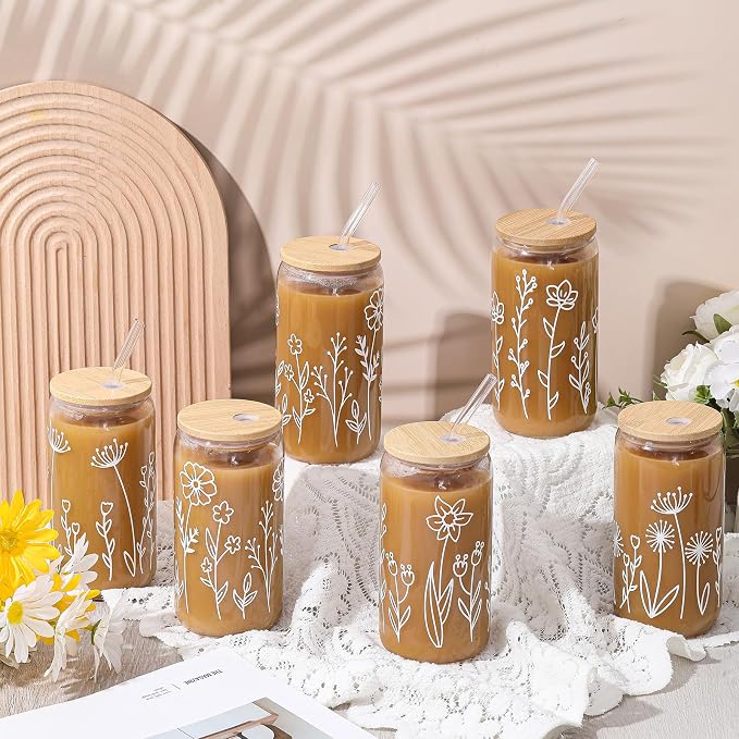 Mumufy 6 Sets Boho Floral Glass Cups with Clear Gift Bag 16 oz Reusable Flower Iced Coffee Mugs Aesthetic Cute Tumbler with Lids and Straws, Gifts for Girls Women Bridesmaid