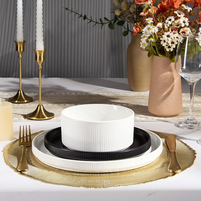 E-far 12-Piece Plates and Bowls Sets, Stoneware Dinnerware Dishes Sets for 4, Chip & Scratch Resistant Ribbed Dish Set for Home Restaurant, Microwave & Dishwasher Safe Speckled White & Matte Black