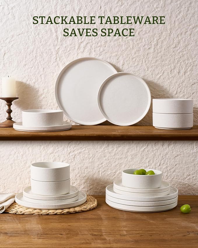 Famiware Nebula Plates and Bowls Sets, 18 Pieces Stoneware Dinnerware Sets, Reactive Glaze Dish Set, Dishes Set for 6, Matte Beige White