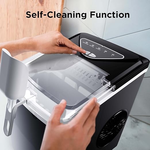 Silonn Countertop Ice Maker, 9 Ice Cubes in 6 Mins, 26 Lbs in 24 Hrs, Compact Ice Machine with Ice Basket & Scoop, 2 Ice Sizes, Self-Cleaning Ice Maker for Home/Party/Office/Bar/Dorm, Black