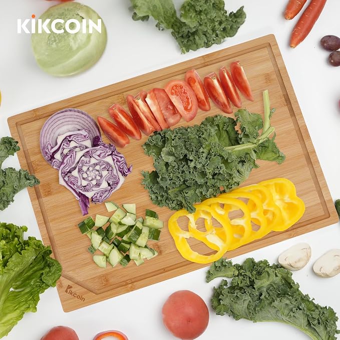 Kikcoin 17”×11” Bamboo Cutting Boards for Kitchen, Healthy Wooden Cutting Boards for Kitchen, Charcuterie, Extra Large Chopping Boards with Deep Juice Groove, Fathers Day Gift for Men, Natural