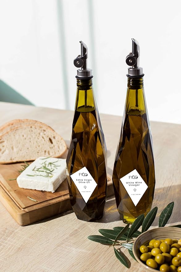 FYGO Diamond Lux Olive Oil Bottle Dispenser - Olive Oil Container- Oil and Vinegar Dispenser Set with Pourer and Funnel - Glass Dispenser Bottle for Kitchen - 500ml - Set of 2
