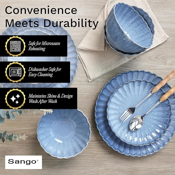 12 Pieces Stoneware Dinnerware Set, Microwave and Dishwasher Safe, for 4 | Scallop Frill Design, Chip Resistant, Ceramic, Includes Plates and Bowls