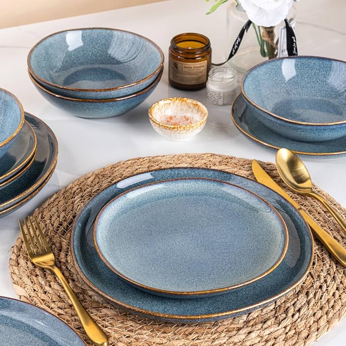 AmorArc Ceramic Dinnerware Sets,Handmade Reactive Glaze Stoneware Plates and Bowls Sets,Highly Scratch Resistant | Dishwasher & Microwave Safe Dishes Set,Service for 4 (12pc)