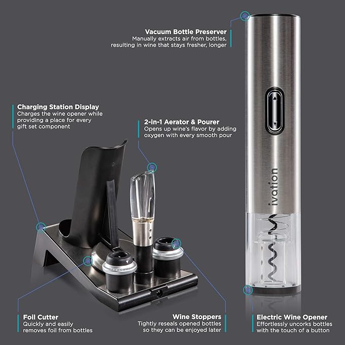 Ivation 6-in-1 Wine Gift Set – Includes Stainless Steel Electric Opener, Vacuum Preserver, 2 Cork Stoppers, Foil Cutter & Charging Base
