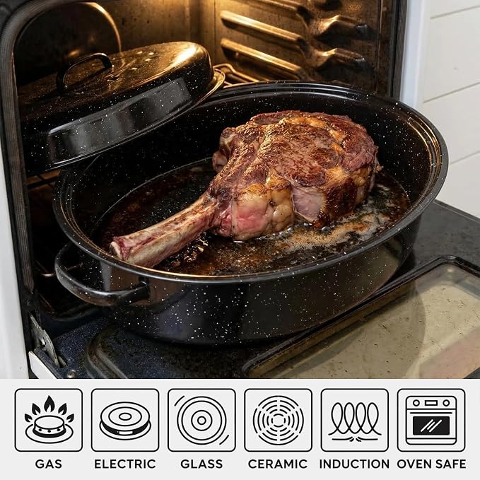 15"Oval Roasting Pan With Lid Small Chicken Roaster With 13.7in Inner Diameter Enamel Steel Roasting Pot Suitable for Outdoors Family Dinnerhigh Temperature Resistance Holiday Gifts