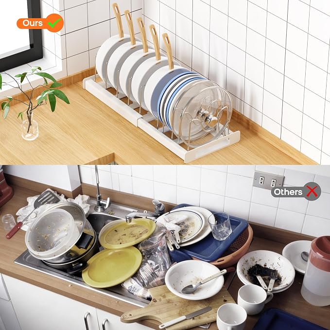 Nigelia 2 Pack Pots and Pans Organizer for Under Cabinet, 22" Expandable Food Storage Container Lid Organizers with 10 Adjustable Dividers Pot Lid Holders Rack Inside Cabinet&Kitchen Countertop(Black)