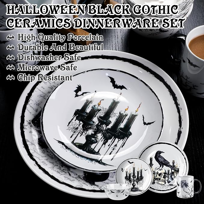 Pickmesh 16 Pcs Halloween Gothic Ceramic Dinnerware Serve for 4 Guest Holiday Dinner Festive Collection Gifts Spooky Kitchen Decoration Holly Ivy Dessert Plate Bowl Mug for Holiday Party