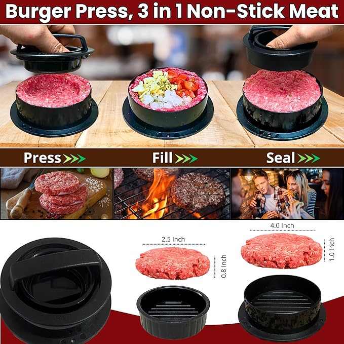Gamalou® Smash Burger Press Kit: 7” Cast Iron Flat Press, 3-in-1 Hamburger Maker, 6x5” Spatula, Dredge Shaker & 100 Patty Papers for BBQ, Blackstone Griddle, Flat Top, Grill & Frying Pan