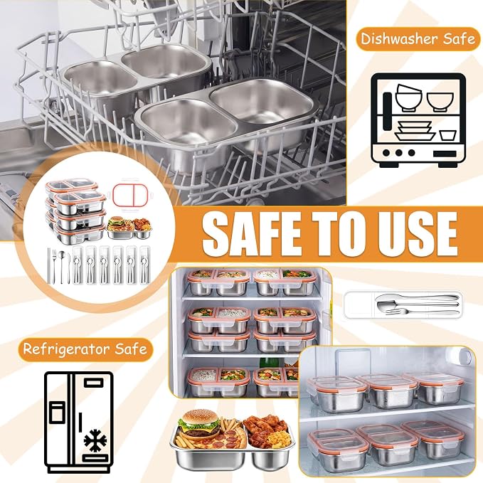 36 Pcs Stainless Steel Snack Containers Set with Fork, Knife, Spoon & Chopsticks – 6 Pack 27 oz Leakproof Bento Snack Boxes, 2-compartment Food Storage Container for Snacks, Fruits, Meal Prep & Travel
