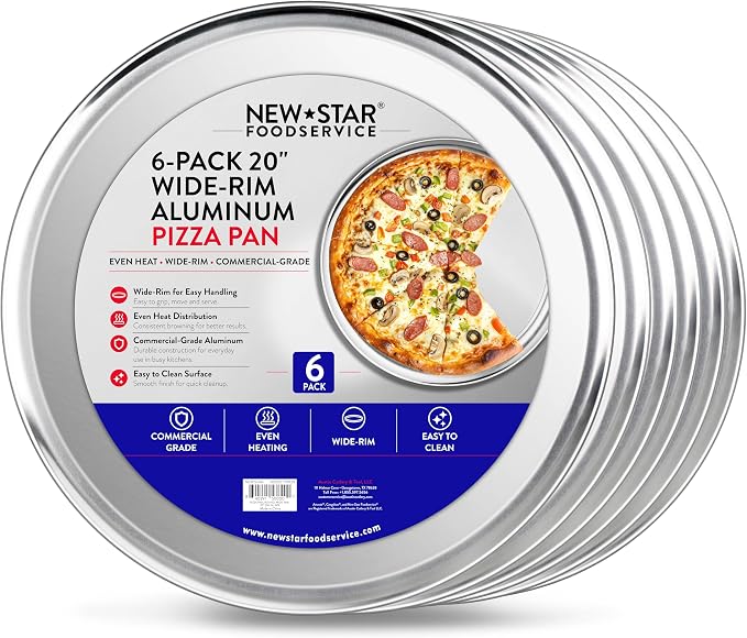 New Star Foodservice Restaurant-Grade Aluminum Pizza Pan/Tray with Wide Rim, 20 Inch, Pack of 6