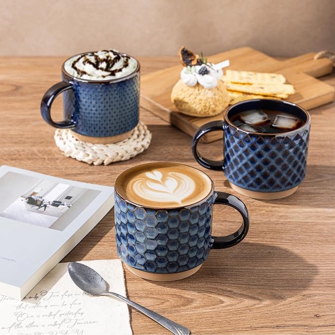 GBhome 12 OZ Stackable Coffee Mugs Set of 6, Ceramic Coffee Cups with Texture Patterns for Man,Woman,Dad,Mom, Modern Coffee Cups for Latte/Cappuccino/Cocoa. Dishwasher&Microwave Safe