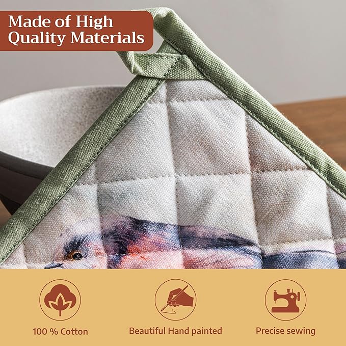 Maison d' Hermine 100% Cotton Oven Mitt & Pot Holder Set (7.5"x13" & 8"x8") Heat Resistant BBQ Cooking Gloves with Loop Baking Grilling Kitchen Gifts for Mothers Day Spring/Summer (Flying Birds)