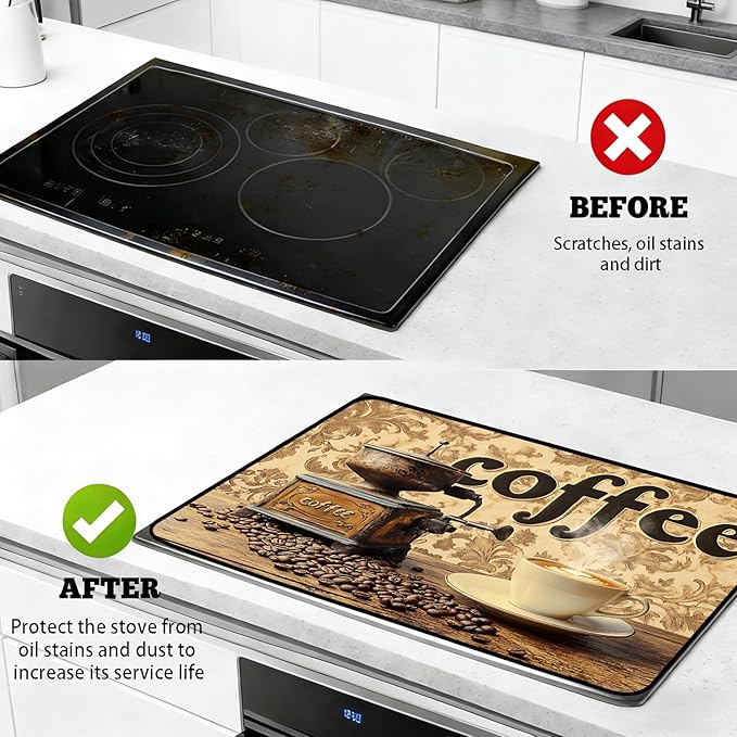 Stove Top Cover for Electric Stove, Vintage Farmhouse Style Glass Cooktop Protector, Multi-functional Kitchen Counter & Washer Top Cover