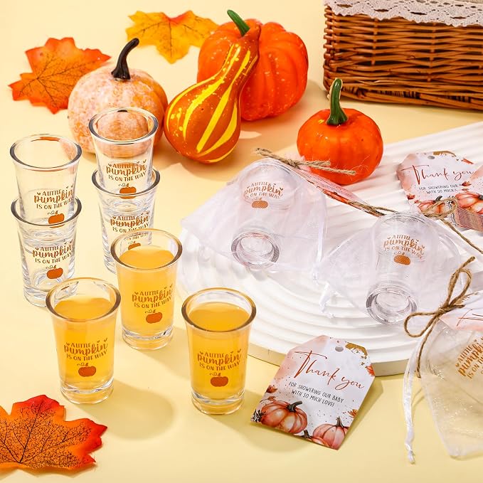 Pickmesh 50 Sets Baby Shower Shot Glasses for Guests Include Acrylic Clear Shot Glasses Thank You Cards Organza Bags Babies Shower Gifts for Gender Reveal Party Supplies (Pumpkin Theme)