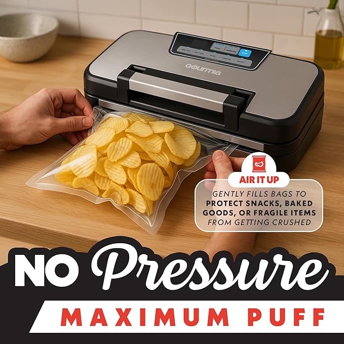Gourmia Vacuum Sealer - 10-in-1 Food Sealer, Built-In Cutter & Roll Storage, Dry/Moist Modes, Gentle & Normal Pressure, BPA-Free Bags, Stainless Steel
