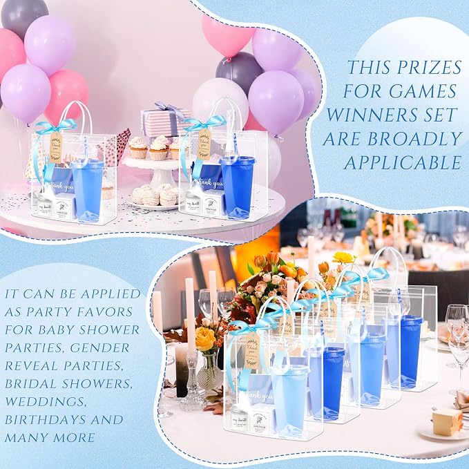 Nuogo 12 Sets New Parent Shower Prizes for Player Winners Adult, Wedding Bridal Shower Gift, Plastic Tumbler Notebook Scented Candle Ballpoint Pen Bag (Gradient Blue,Classic Style)