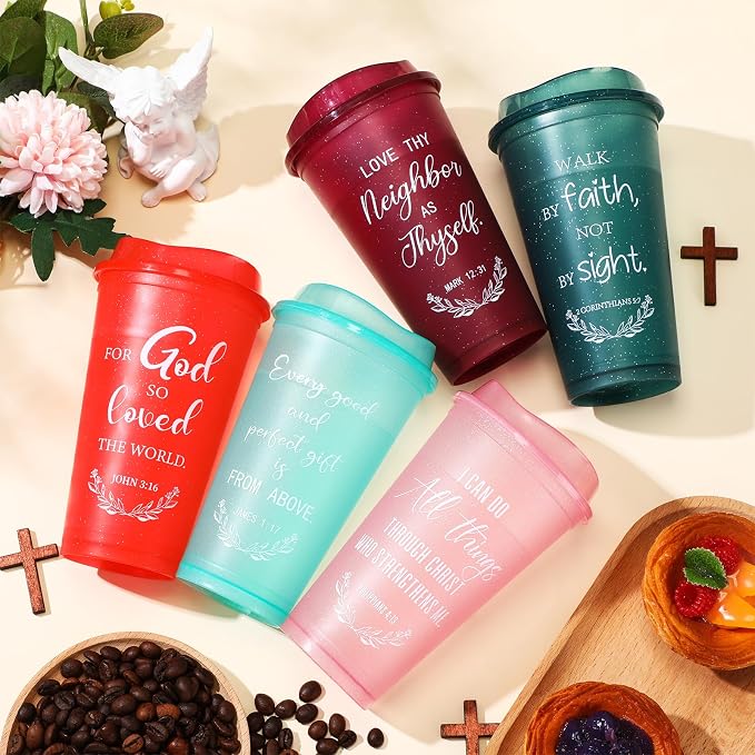 Skylety 20 Pack Christian Gifts for Fathers Bulk 16oz Inspirational Bible Verse Tumbler Church Gifts for Men Plastic Coffee Cups with Lids for Dad (Rainbow Glitter)