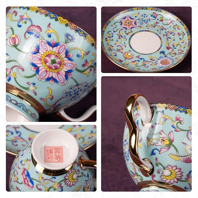 KAMMAK Tea Cups and Saucers Set of 2, Porcelain Coffee Cups, 7.4oz Stackable Espresso Mugs, Ceramic Demitasse for Coffee, Latte, Americano, Tea (641N+642N)