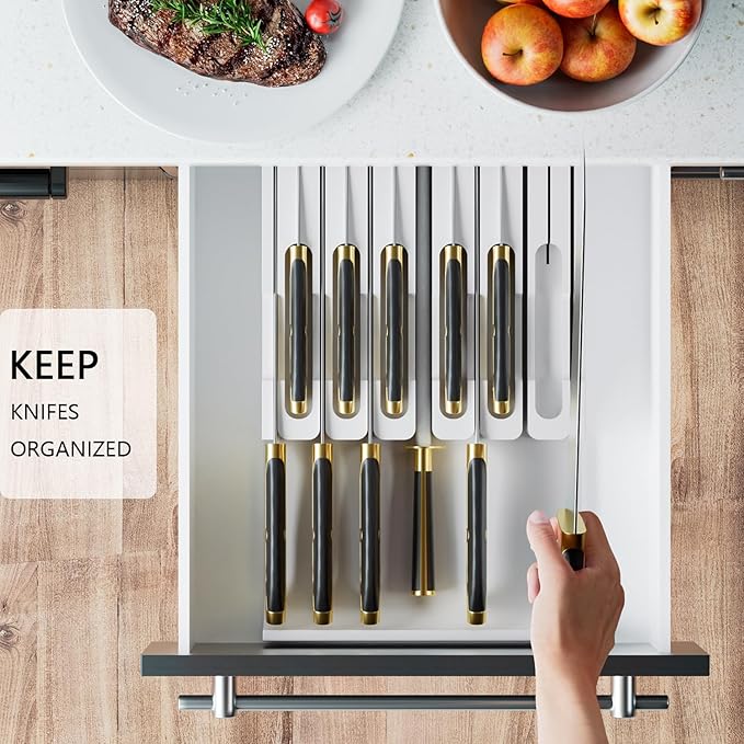 Domax Bamboo In-drawer Knife Block - Kitchen Knife Drawer Organizer Insert, Steak Knife Holder Without Knives, Drawer Knife Organizer Fits for 12 knives and 1 Sharpening Steel (Not Included), White