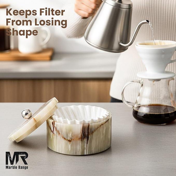 Marble Coffee Filter Holder – 6 inch Handmade Green Onyx Coffee Filter Holder with Lid, Storage Organizer for Kitchen Countertop & Bar Decor