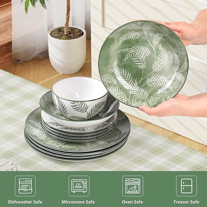 Porcelain Lightweight Dinnerware Sets for 4, 16 Pieces Sage Green White Floral Ceramic Plates and Bowls Set, Summer Dish Set with Pasta Bowls, Microwave and Dishwasher Safe
