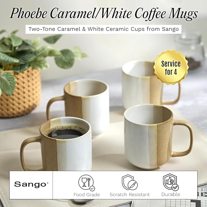 SANGO Phoebe Caramel/White Coffee Mugs Set of 4, 15 oz Stoneware Coffee Mug Set, Big Glossy Ceramic Tea Cup for Cappuccino, Latte, Cocoa, Large Coffee Cups with Handle, Microwave & Dishwasher Safe