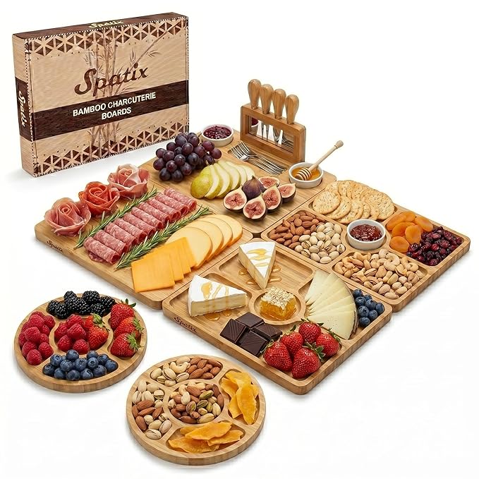 SPATIX Bamboo Charcuterie Boards Set Large Cheese Board Set with Charcuterie Accessories Perfect Birthday Gifts for Couple and House Warming Gifts New Home Gift