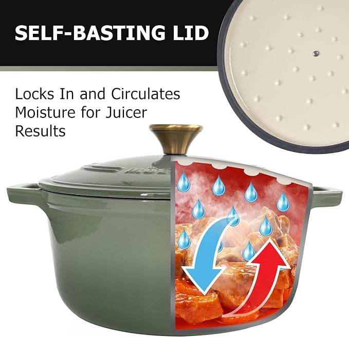 MUELLER HOME 6 Quart Enameled Cast Iron Dutch Oven For Sourdough Bread Baking, Heavy-Duty, Oven-Safe up to 500° F & Across All Cooktops, Casserole Dishes, Green Kitchen Accessories, Thyme Green