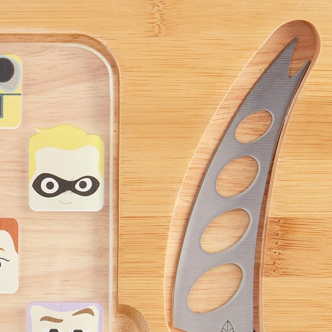 PICNIC TIME Disney Pixar Collection Icon Glass Top Cheese Board and Knife Set, Charcuterie Serving Tray, Removable Tempered Glass, Parawood and Bamboo Design, (Parawood & Bamboo)