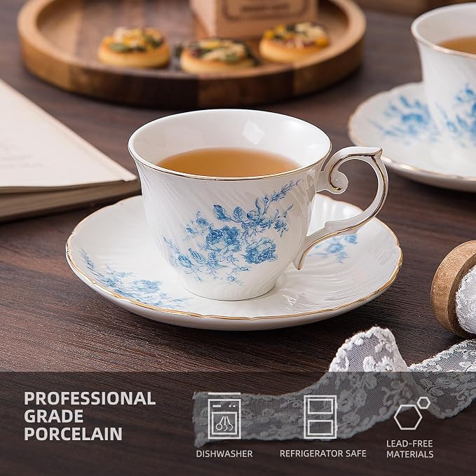 Agyiuns tea cups and saucers ceramic coffee mug 6oz for Coffee, Latte, Cafe Mocha and Tea-Set of 4,Blue