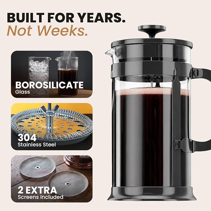 EzDtach French Press Coffee Maker 34oz Grey – Borosilicate Glass Pot with 304 Grade Stainless Steel French Press, Double Filter and 2 Extra Screens for Rich, Full-Bodied Flavor at Home or Office