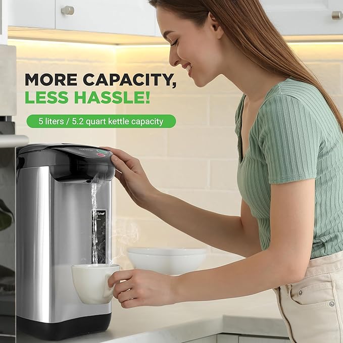 NutriChef 5.2 Qt Hot Water Dispenser with 5 Temperature Settings | Digital water boiler with 3 dispensing options, stainless steel interior, safety lock, and quick heating.
