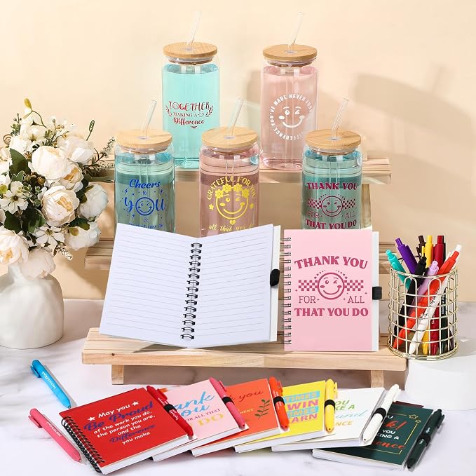 Skylety 12 Set Back to School Teacher Gifts in Bulk Thank You for Being Awesome Gifts 16 oz Glass Cups with Lids Straws Spiral Notebooks Sticky Note Pens for Employee Nurses Team Office Staff Coworker