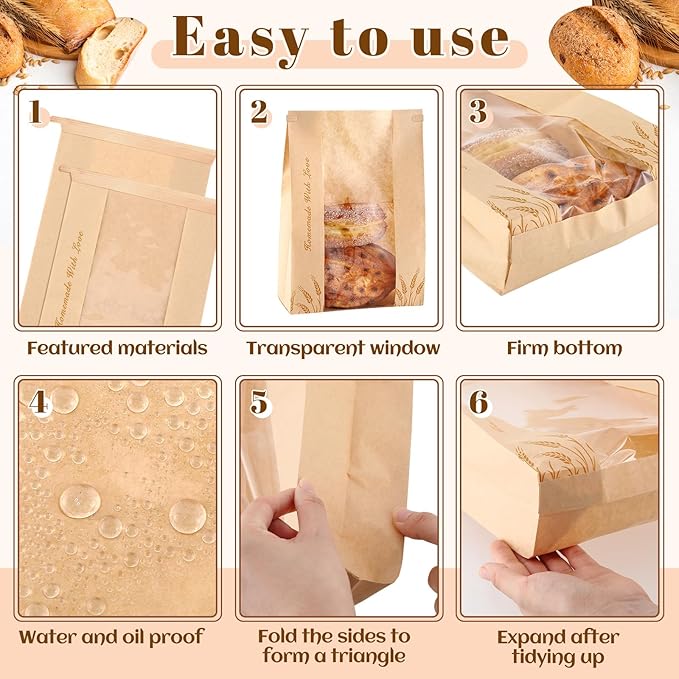Honoson 300 Pcs Large Paper Bread Bags for Homemade Gift Giving, Sourdough Bread Bags with Window, Bakery Storage Tin Tie Tab Lock Cookie Packaging with Label Seal Stickers (Bright Style)