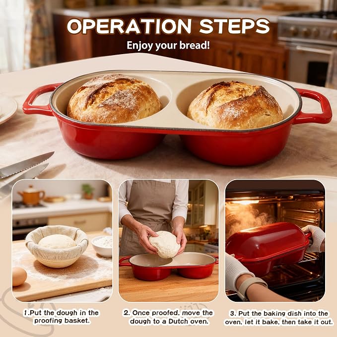 Mini Double Dutch Oven for Sourdough Bread Baking – Enameled Cast Iron Bread Pan with Lid, 500°F Oven Safe Non-Stick, Dual Round Loaf Space (6inch Diameter), Bake Two Different Loaves at Once, Includes 2×5" Banneton Proofing Baskets (Red)