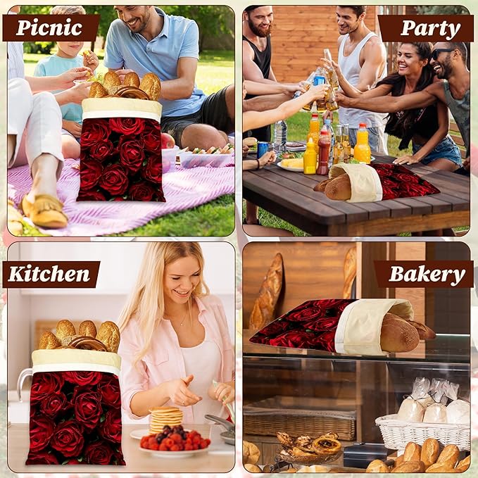 Bread Bags for Homemade Bread, Red Rose Flower 2 Pack Linen and Beeswax Sourdough Storage Bags, Reusable Keeper, Keeps Breads Fresh Longer, Gifts for Bakers