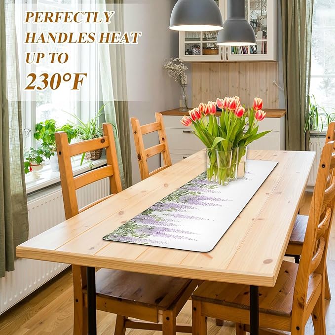 Trivet Table Runner 40 Inches Long Purple Lavender Flowers Heat Resistant Hot Pad Multi Purpose Mat for Hot Pots Pans Kitchen Countertops